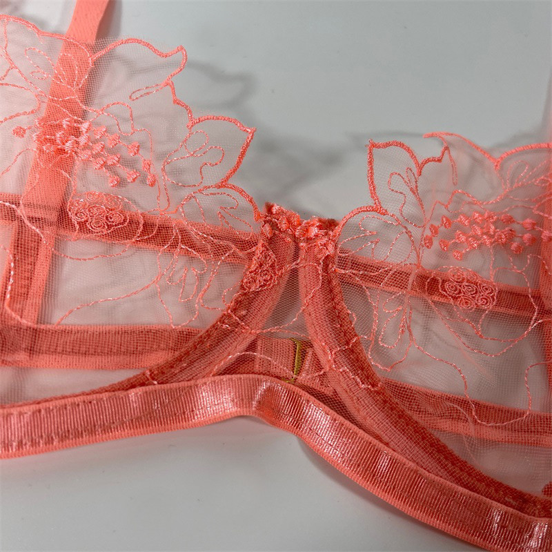 Νέο ροζ κεντημένο γυναικείο εσώρουχο Aduloty`s Σουτιέν με λεπτό διχτυωτό σετ στρινγκ με σέξι εσώρουχα