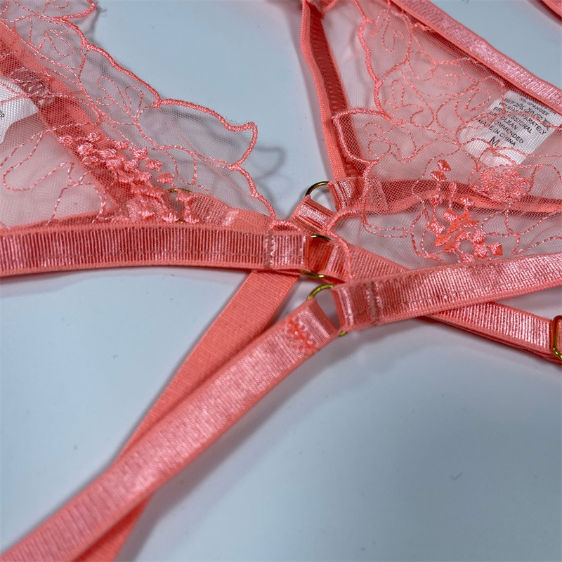 Νέο ροζ κεντημένο γυναικείο εσώρουχο Aduloty`s Σουτιέν με λεπτό διχτυωτό σετ στρινγκ με σέξι εσώρουχα