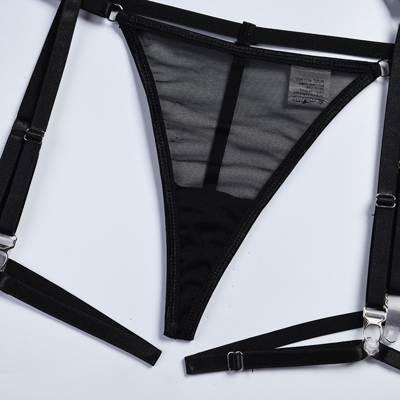 Ellolace Mesh Lenjerie Jumătate de cupă Sexy Lenjerie de corp pentru femei Vedeți prin curele necenzurate Jartiere Seturi exotice goale de 5 piese