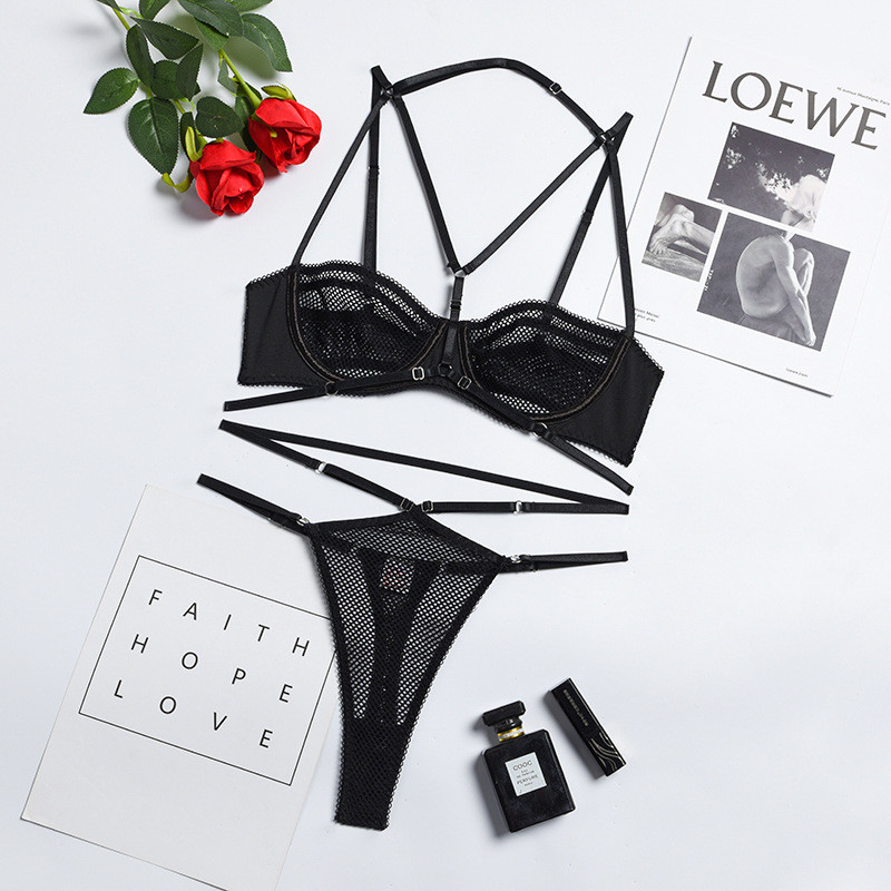 Ellolace Sexy Sensual Lenjerie Mesh Set Sutien Transparent Femeie 2 Piese Halter Intim Erotic Lenjerie Intima Tinute Seturi Breves