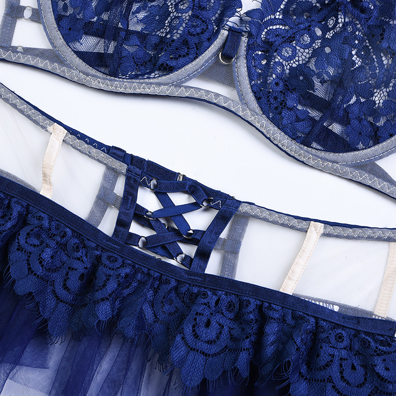 Set de sutien din dantelă, 3 piese Yimunancy Set de lenjerie sexy de lux pentru femei, plasă, mozaic, set de lenjerie de slip cu jartieră vintage