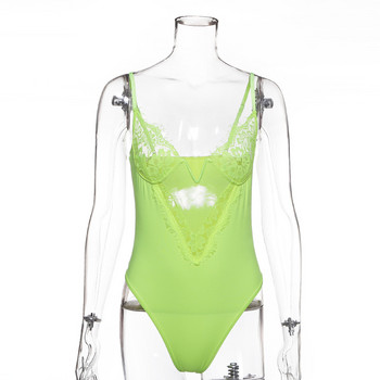 BKLD Bodysuit Neon Lace Patchwork Bodysuit 2019 Καλοκαιρινή σέξι εξώπλατη ολόσωμη φόρμα Spaghetti με λουράκι V-λαιμόκοψη Γυναικεία φόρμα μπλούζες Bodycon