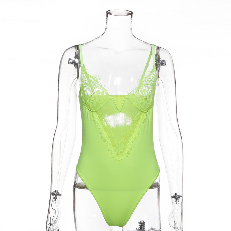 BKLD Body Dantela Neon Patchwork Body 2019 Summer Sexy Salopetă fără spate Curea spaghete Decolteu în V Body Femei Topuri Bodycon