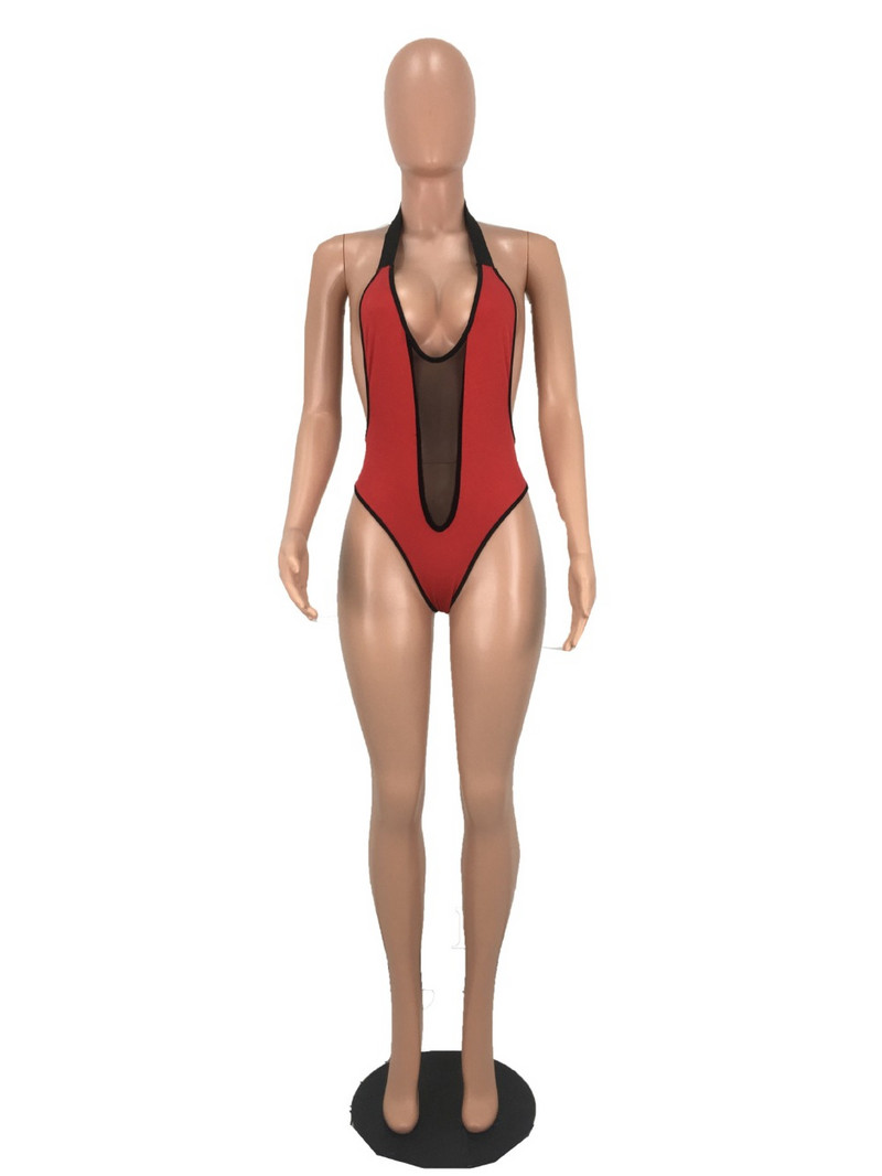 BKLD 2019 Body roșu în stil plajă de vară pentru femei, fără spate, cu decolteu în V adânc, body sexy, cu halter, fără mâneci, salopetă