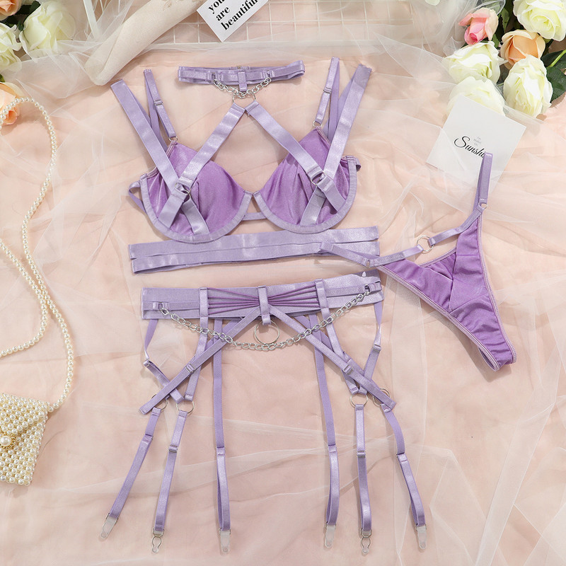 Lenjerie Ellolace pentru femei Dantela de lux 4 piese Lenjerie de corp sexy pentru cupluri Fantezie Sutien și chiloți Seturi exotice Lavandă Intim