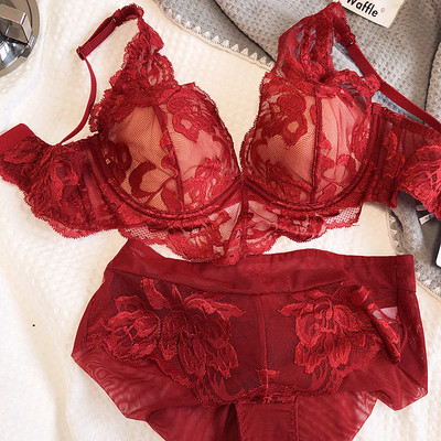 Lenjerie intima subțire superioară din dantelă sexy, cu adunare groasă inferioară, susținere superioară, set de lenjerie anti-cădere, chiloți sutien cu inel din oțel moale