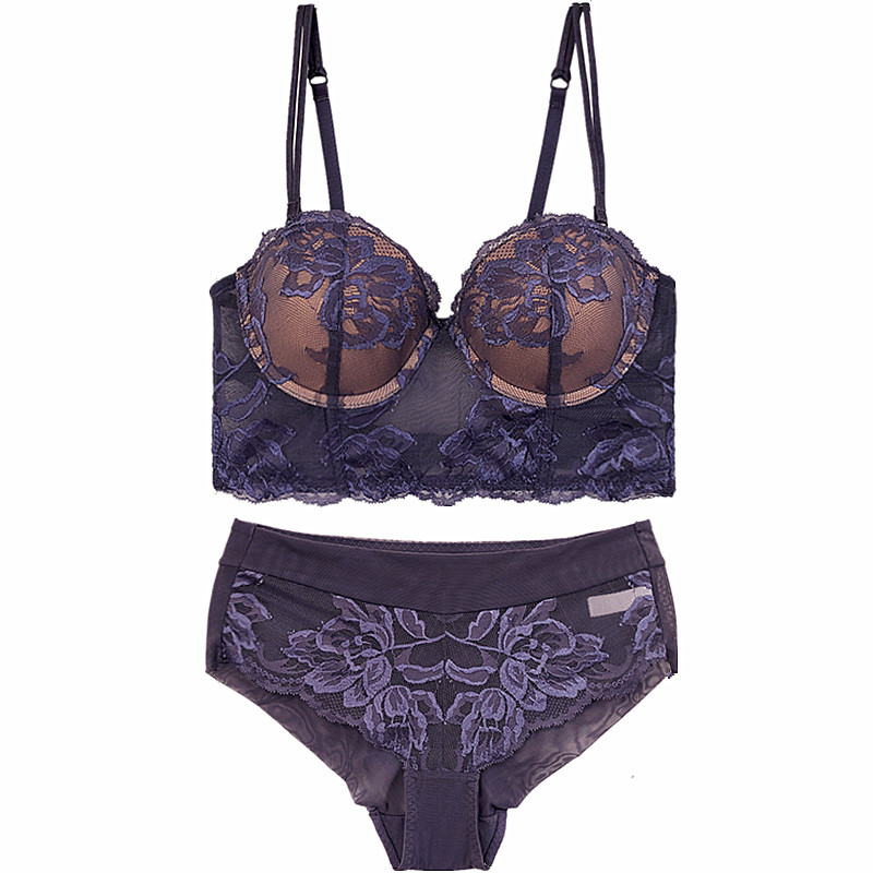 Lenjerie intima subțire superioară din dantelă sexy, cu adunare groasă inferioară, susținere superioară, set de lenjerie anti-cădere, chiloți sutien cu inel din oțel moale