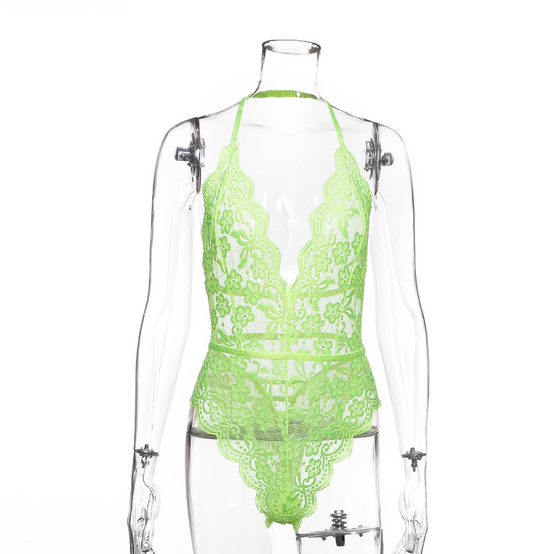 BKLD 2019 Ljetni čipkasti bodi s cvjetnim motivima Ženski halter duboki V izrez bez leđa Seksi neonski čipkani bodi Prozirni kombinezon Romper