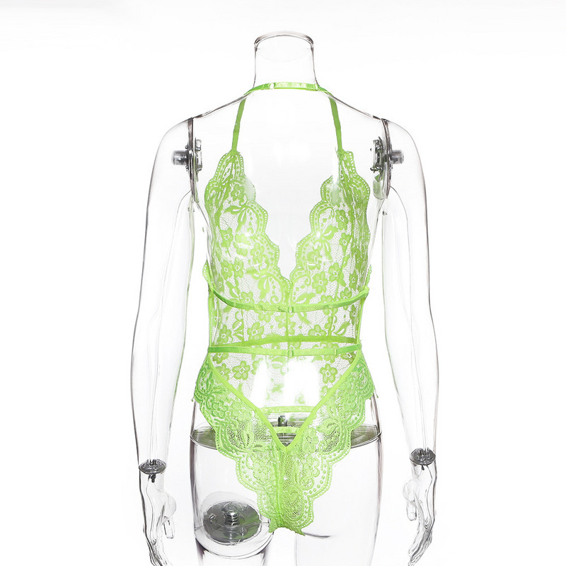 BKLD 2019 Ljetni čipkasti bodi s cvjetnim motivima Ženski halter duboki V izrez bez leđa Seksi neonski čipkani bodi Prozirni kombinezon Romper
