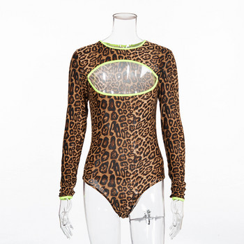 BKLD 2020 Нови дамски дрехи Гащеризон с леопардов принт Неонови раирани пачуърк изрязани бодита с дълъг ръкав за жени Секси клубно облекло