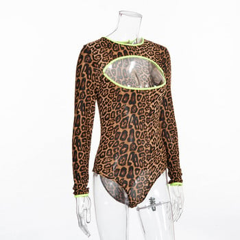 BKLD 2020 Нови дамски дрехи Гащеризон с леопардов принт Неонови раирани пачуърк изрязани бодита с дълъг ръкав за жени Секси клубно облекло