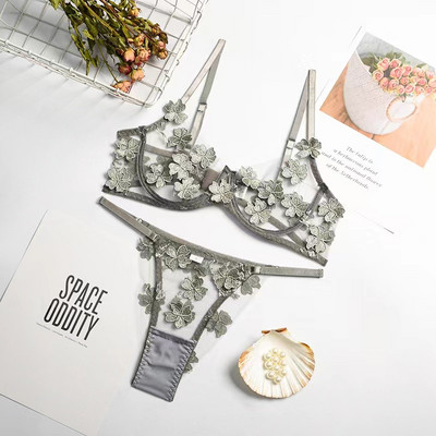 Σετ σουτιέν και σλιπ Γυναικεία εξαιρετικά λεπτά κεντημένα εσώρουχα σουτιέν κοστούμι κάτω από σύρμα υποστήριξη διαφανών σετ γυναικείων εσωρούχων