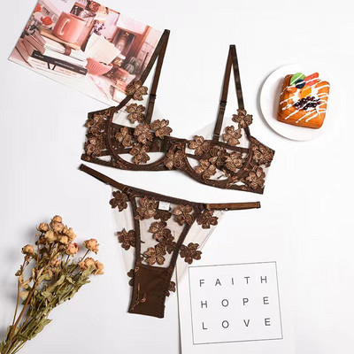 Σετ σουτιέν και σλιπ Γυναικεία εξαιρετικά λεπτά κεντημένα εσώρουχα σουτιέν κοστούμι κάτω από σύρμα υποστήριξη διαφανών σετ γυναικείων εσωρούχων