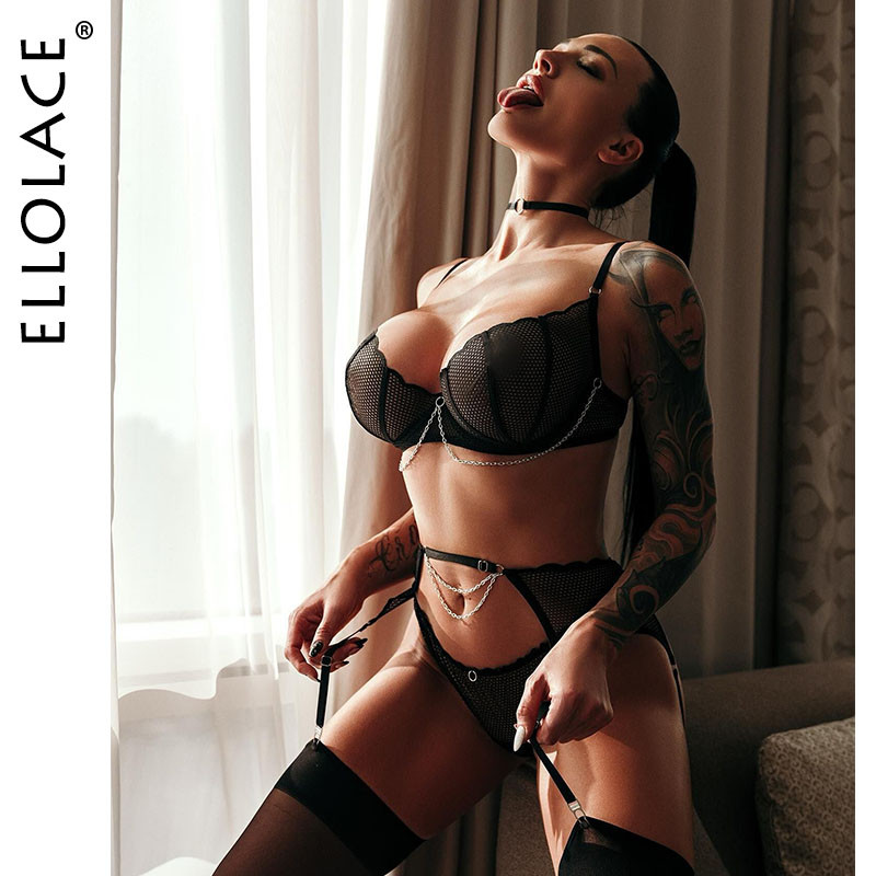Ellolace Lenjerie Femeie Cu Lant Set Sutien Chiloți Sexy Glitter Lenjerie Senzuală Set Intim Dantela Transparentă Tinuta obraznică