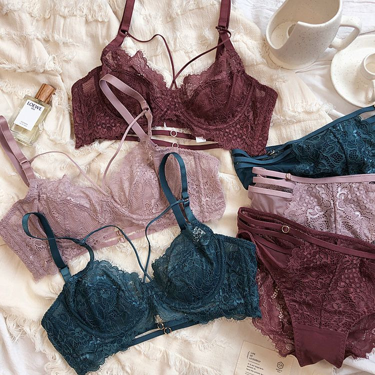 Set de lenjerie sexy, plus mărime, cu inel de oțel, ultra subțire, cu scobitură, bralette de lux adunate, fără bureți, sutien și chiloți pentru femei