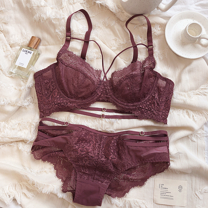 Set de lenjerie sexy, plus mărime, cu inel de oțel, ultra subțire, cu scobitură, bralette de lux adunate, fără bureți, sutien și chiloți pentru femei