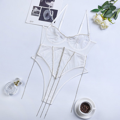 Yimunancy 2-daļīgs Rhinestone apakšveļas komplekts, caurspīdīgs siets, balts erotisks komplekts sieviešu spageti siksniņai, seksīgs īsu komplekts