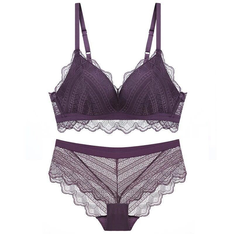 Čipkani ultra tanki trokutasti komplet bežičnog grudnjaka i gaćica Deep V Čipkasto donje rublje Djevojke Ženski komplet donjeg rublja Bijelo Crno Plavo Ljubičasto