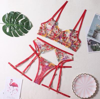 Σέξι προοπτική σουτιέν στρινγκ εσώρουχα σλιπ φλοράλ λουλουδάτο bralette ζώνη καλτσοδέτα με δαχτυλίδι ερωτικό σουτιέν τριών τεμαχίων και σετ εσώρουχο