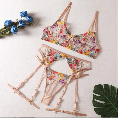 Σέξι προοπτική σουτιέν στρινγκ εσώρουχα σλιπ φλοράλ λουλουδάτο bralette ζώνη καλτσοδέτα με δαχτυλίδι ερωτικό σουτιέν τριών τεμαχίων και σετ εσώρουχο