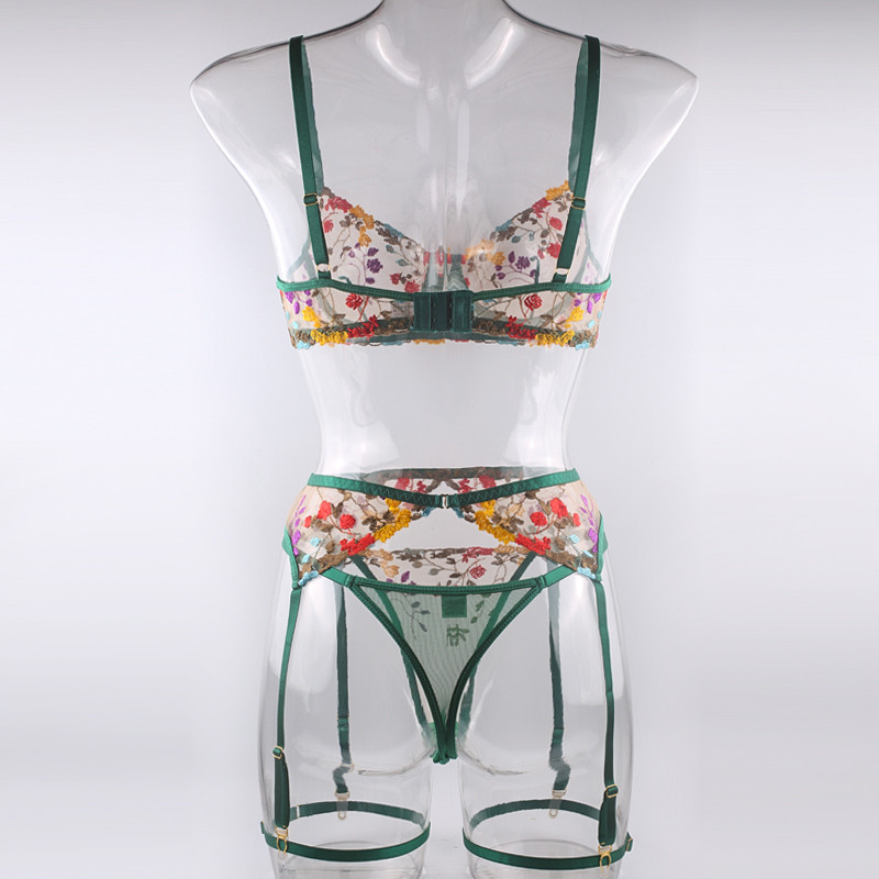 Σέξι προοπτική σουτιέν στρινγκ εσώρουχα σλιπ φλοράλ λουλουδάτο bralette ζώνη καλτσοδέτα με δαχτυλίδι ερωτικό σουτιέν τριών τεμαχίων και σετ εσώρουχο