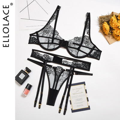 Ellolace Σέξι Κέντημα Εσώρουχα Διάφανα Push Up Σετ Εσωρούχων Εσωρούχων Σουτιέν Καλτσοδέτες και στρινγκ Εξωτικά φανταχτερά σύνολα