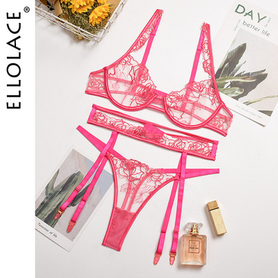 Ellolace Σέξι Κέντημα Εσώρουχα Διάφανα Push Up Σετ Εσωρούχων Εσωρούχων Σουτιέν Καλτσοδέτες και στρινγκ Εξωτικά φανταχτερά σύνολα