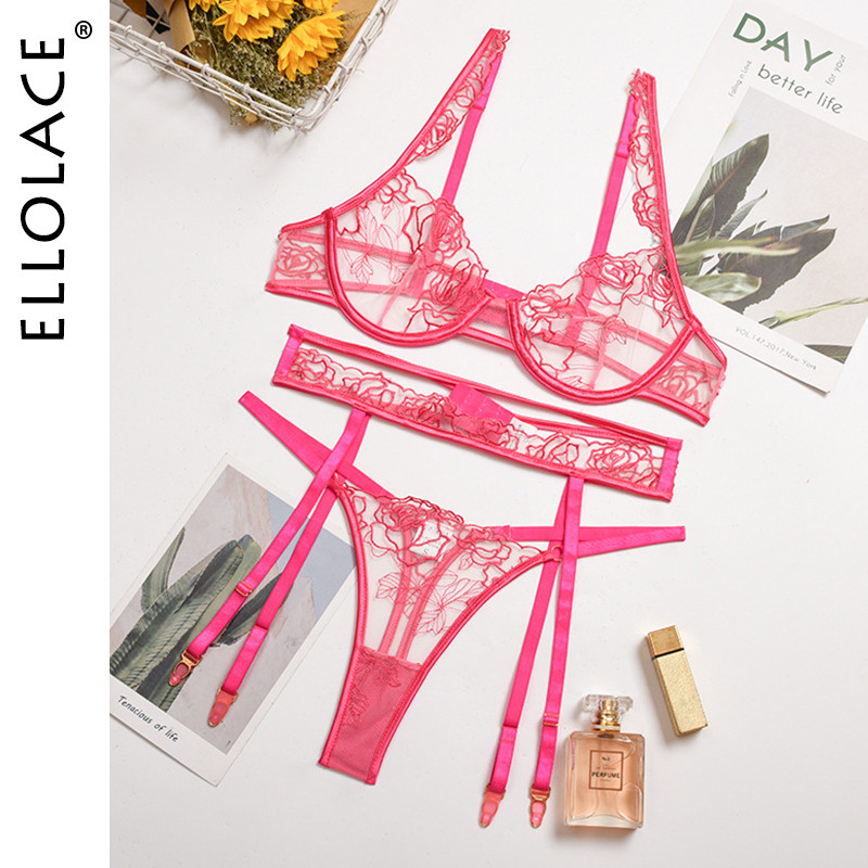 Ellolace Seksikas Tikand Pesu Läbipaistev Push Up Aluspesu Komplekt Underwire Rinnahoidjad Sukapaelad ja stringid Eksootilised uhked püksikute komplektid