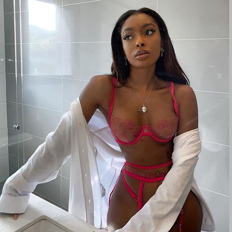 Ellolace Seksikas Tikand Pesu Läbipaistev Push Up Aluspesu Komplekt Underwire Rinnahoidjad Sukapaelad ja stringid Eksootilised uhked püksikute komplektid