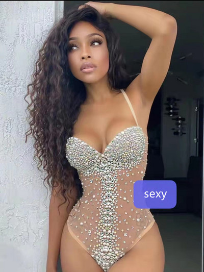 Seksikas Bodysuit ööklubi Sparkly Rhinestones must läbipaistva nahavärviga võrkkombine Lady Singer täiskasvanute lavakostüüm