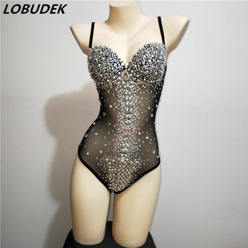 Seksikas Bodysuit ööklubi Sparkly Rhinestones must läbipaistva nahavärviga võrkkombine Lady Singer täiskasvanute lavakostüüm