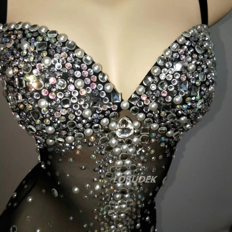 Seksikas Bodysuit ööklubi Sparkly Rhinestones must läbipaistva nahavärviga võrkkombine Lady Singer täiskasvanute lavakostüüm