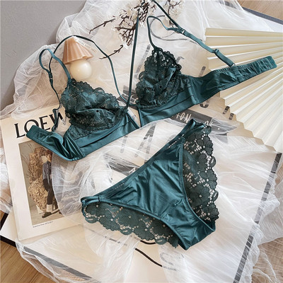 Prantsuse pitsist bralette ilma terasrõngata kolmnurga tops seksikas rihmaga üliõhuke rinnahoidja komplekt suured rinnad näitavad väikest aluspesu langerie ülikond