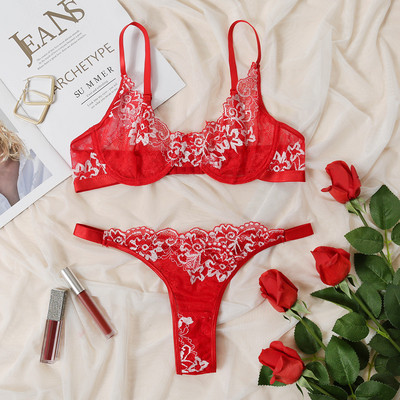 Prozirno donje rublje od čipke u tri točke, komplet donjeg rublja, komplet ultra tankog šupljeg grudnjaka s čeličnim prstenom