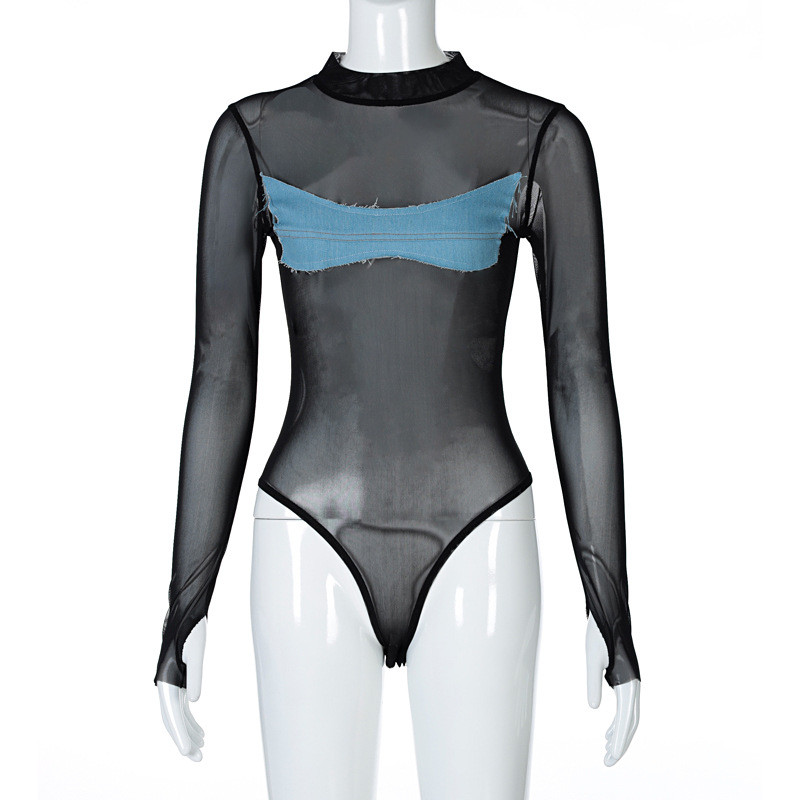 BKLD 2021, de primăvară, denim, patchwork, plasă, cu mânecă lungă, body negru, pentru femei, ținute dintr-o bucată