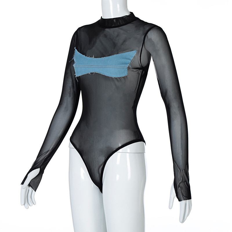 BKLD 2021, de primăvară, denim, patchwork, plasă, cu mânecă lungă, body negru, pentru femei, ținute dintr-o bucată