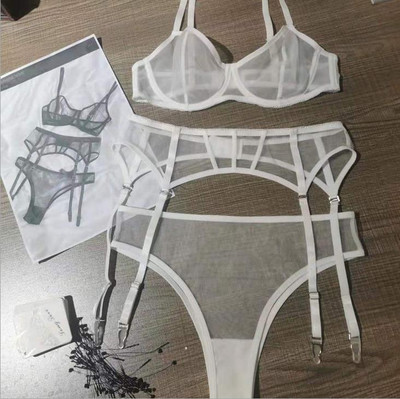 Seksikas pitsvõrgust läbipaistvad rinnahoidjapükste komplekt kolmnurkne tass väike rinnakorv rinnahoidja terasrõngas naiste pesu kolmeosaline komplekt