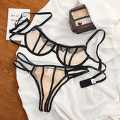 Bralet sexy din dantelă ultra-subțire perspectivă tentație set sutien solid Pantaloni T transparent Lenjerie de damă Lenjerie intimă cu inel de oțel