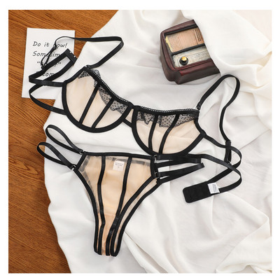 Bralet sexy din dantelă ultra-subțire perspectivă tentație set sutien solid Pantaloni T transparent Lenjerie de damă Lenjerie intimă cu inel de oțel