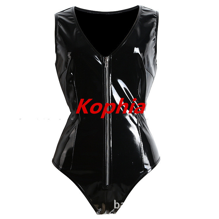 Body din piele PU neagră Salopetă pentru femei cu fermoar în față Body sexy cu decolteu în V adânc Topuri pentru femei Salopetă scurtă fără mâneci Salopetă