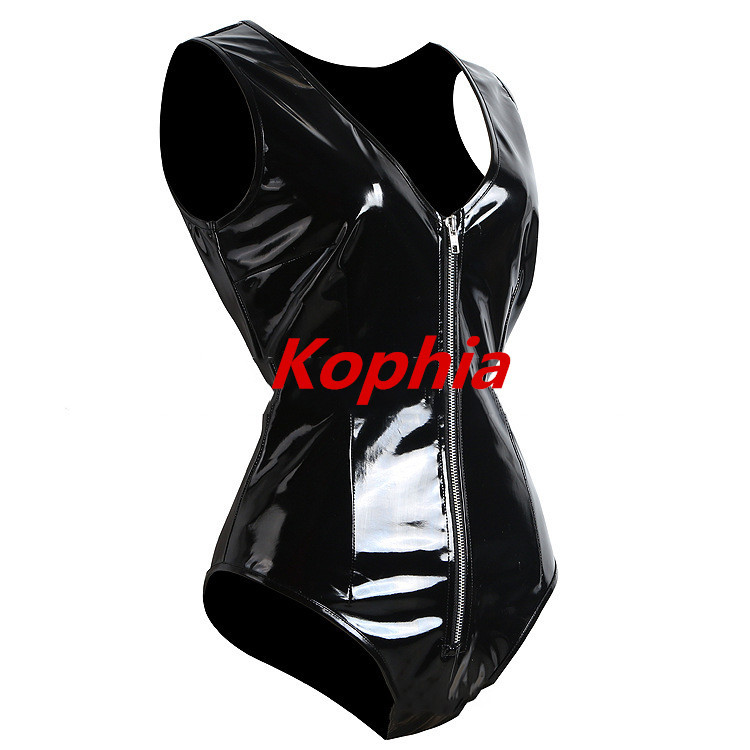 Body din piele PU neagră Salopetă pentru femei cu fermoar în față Body sexy cu decolteu în V adânc Topuri pentru femei Salopetă scurtă fără mâneci Salopetă