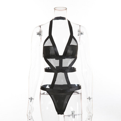 2019 Νέο γυναικείο κορμάκι με κρεμαστό λαιμό με βαθύ V λαιμόκοψη, μαύρο ψηλόμεσο, σέξι διαφανές δαντελωτό κορμάκι χωρίς πλάτη