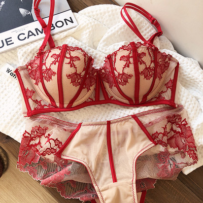 Lenjerie sexy din dantelă brodată inel din oțel moale braletă subțire cu jumătate de cupă costume de lenjerie intima de marime mari sutiene femei push up lenjerie chiloți