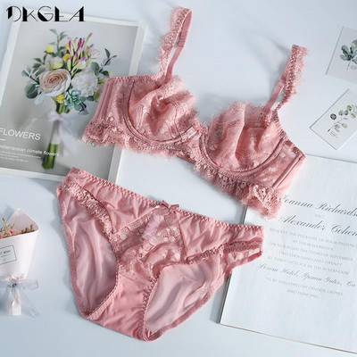 Set de sutien și chiloți sexy pentru femei noi Sutien roz Transparent Set de lenjerie de corp de dimensiuni mari, dantela, broderie, lenjerie de marca ultrasubțire
