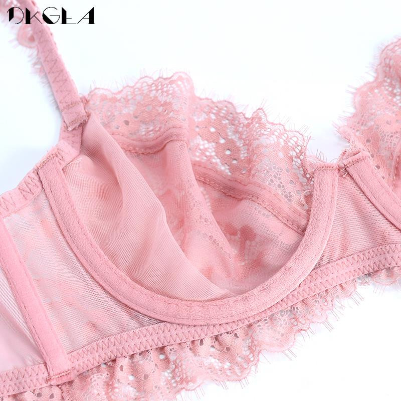 Set de sutien și chiloți sexy pentru femei noi Sutien roz Transparent Set de lenjerie de corp de dimensiuni mari, dantela, broderie, lenjerie de marca ultrasubțire