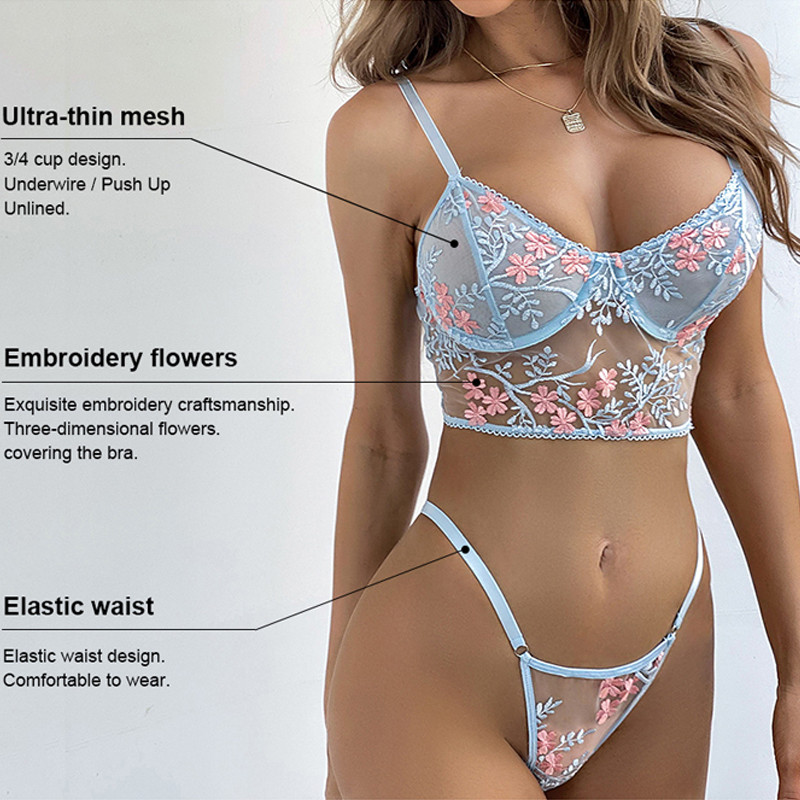 Lenjerie sexy cu broderie florală pentru femei Lenjerie intima transparentă Set de lenjerie erotică transparentă 2 bucăți sutien din dantelă
