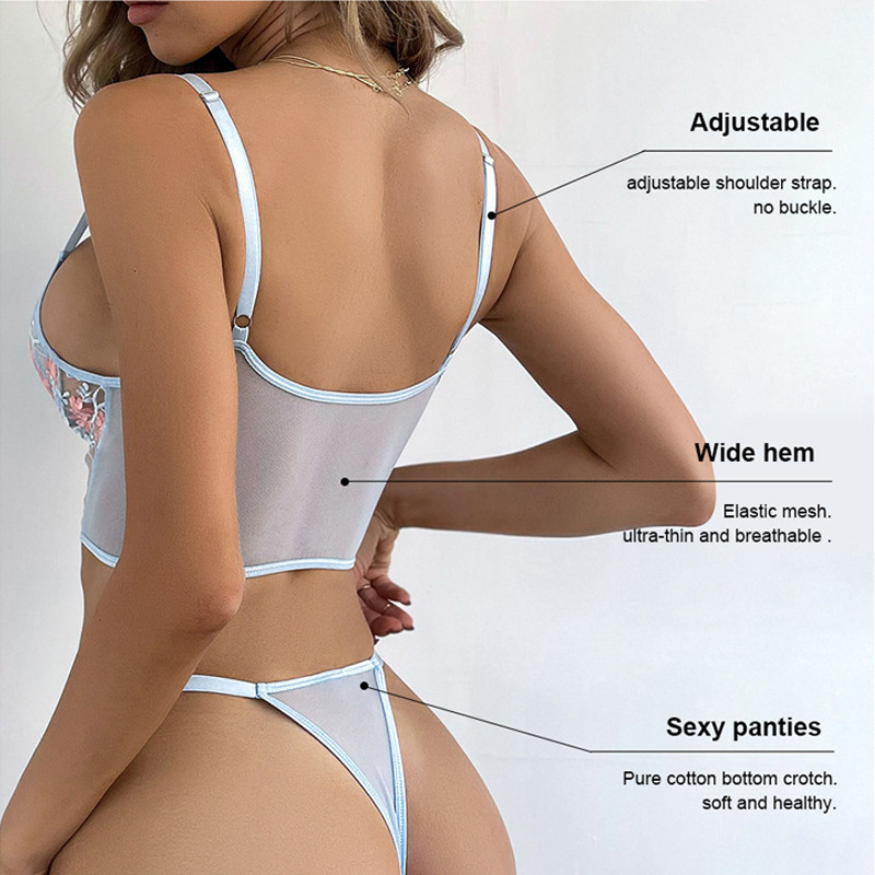 Lenjerie sexy cu broderie florală pentru femei Lenjerie intima transparentă Set de lenjerie erotică transparentă 2 bucăți sutien din dantelă