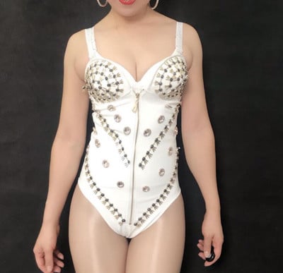 Λευκό Μαύρο PU Δερμάτινο κορμάκι Σέξι High stretch Leotard Catsuit Bar Κοστούμι τραγουδιστής DJ Κορυφαίος χορευτής pole dance stage Στολή