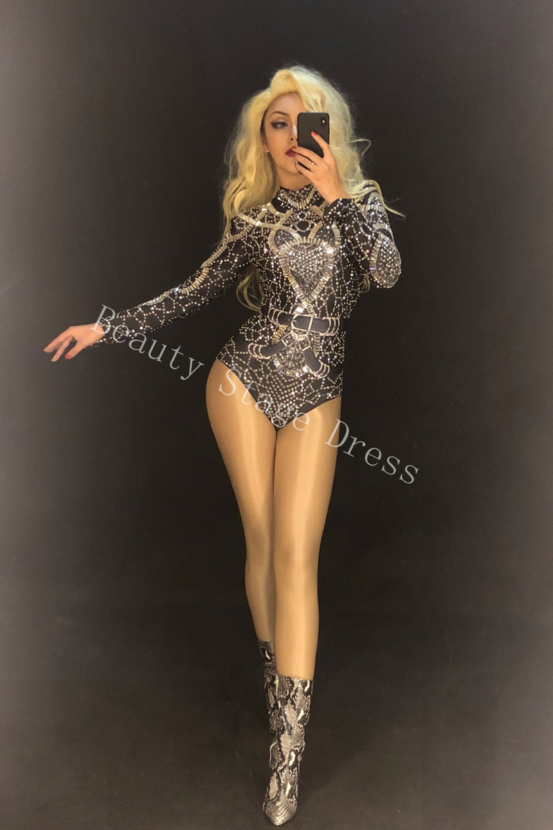Femei Cântăreață Dans Scenă Îmbrăcăminte cu strasuri strălucitoare Body negru elastic pentru femei, petrecere de aniversare, seară, ținută de sărbătoare