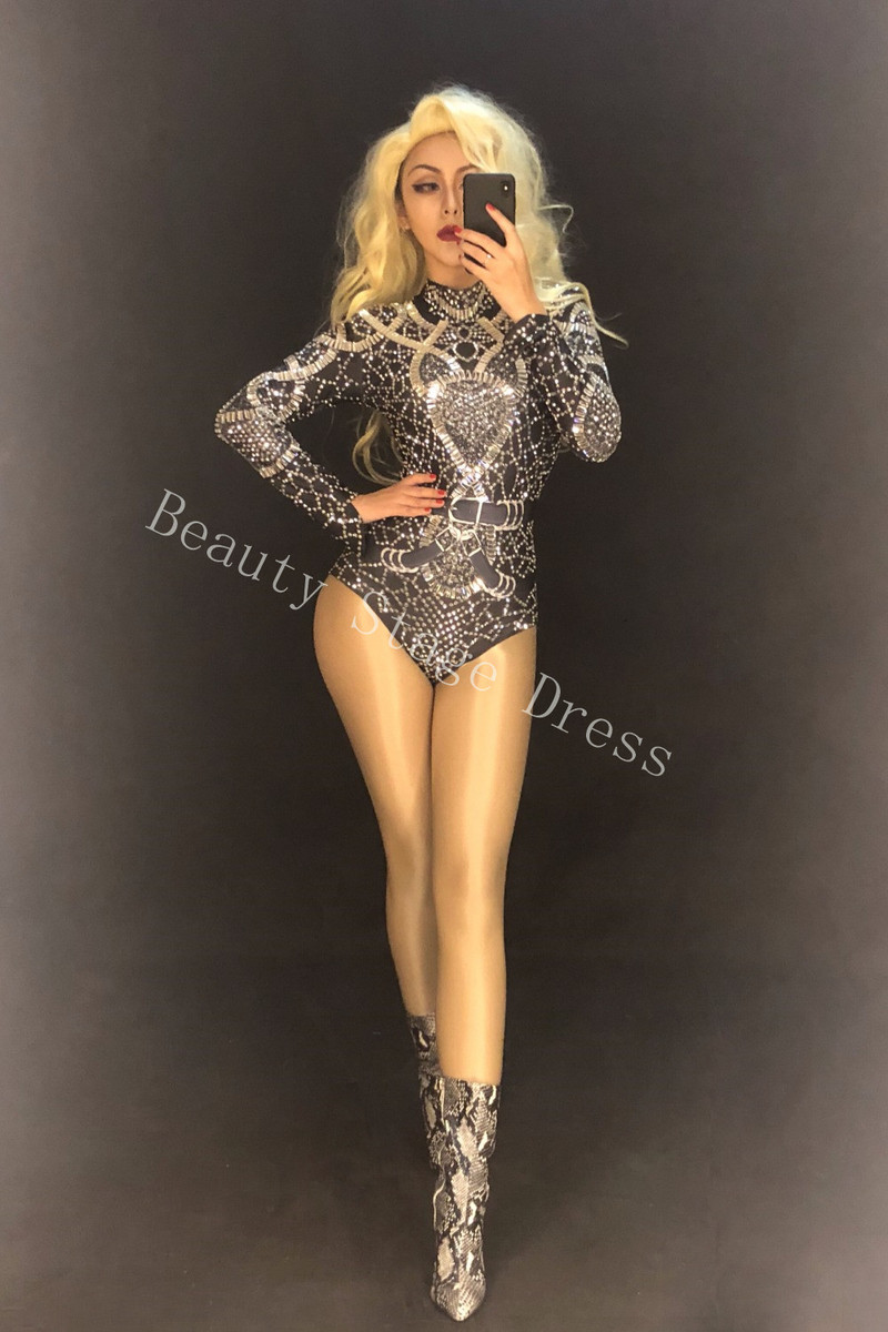 Femei Cântăreață Dans Scenă Îmbrăcăminte cu strasuri strălucitoare Body negru elastic pentru femei, petrecere de aniversare, seară, ținută de sărbătoare